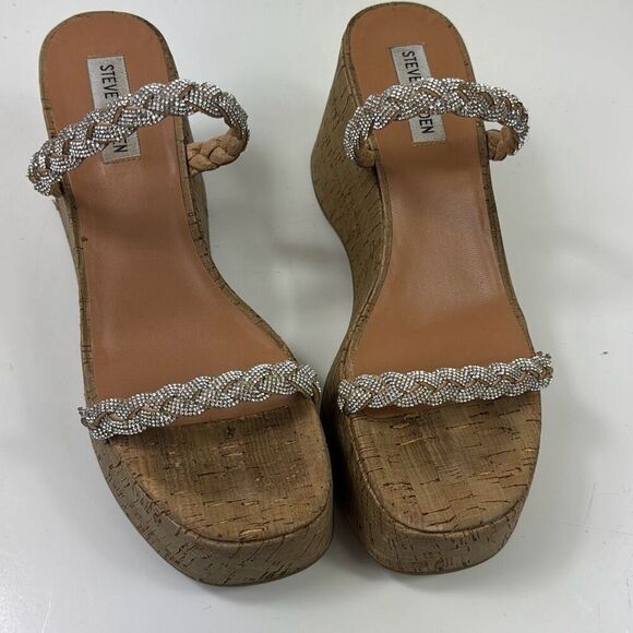Steve Madden Danya Wedge Sandals Womens 9M Platform Slip On Silver Strap Tan - Picture 10 of 11